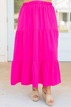 Chic Soul plus size clothing, hot pink tiered maxi skirt with elastic waistband Hot Pink Maxi Skirt, Solid Color Tiered Skirt Dress With Lined Skirt, Solid Color Dresses With Lined Tiered Skirt, Pink Tiered Skirt For Vacation, Pink Ruffled Maxi Skirt For Day Out, Chic Pink Tiered Maxi Skirt, Casual Flowy Pink Maxi Skirt, Chic Flowy Pink Skirt, Flowy Pink Pleated Maxi Skirt