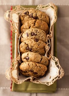 chocolate chip cookies in a box on a table