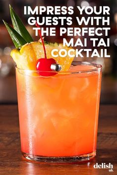 an orange cocktail in a tall glass with a cherry on the rim and pineapple garnish