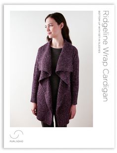 a woman is wearing a purple cardigan sweater