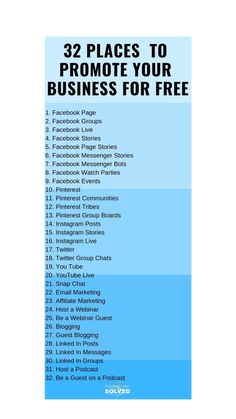 the facebook page with text that says 32 places to promote your business for free