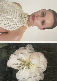 two pictures of a woman with flowers in her hair and the same photo of a flower