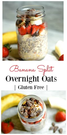 banana split overnight oats in a jar with strawberries and bananas