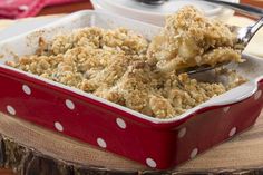 a red and white dish filled with oatmeal