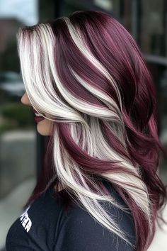 Hair Color Ideas For Extensions, Burgundy Under Blonde Hair, Chunky Blonde Highlights On Red Hair, Hair Color Inspo For Curly Hair, Short Blonde Hair With Red Highlights, Red Hair With Blonde Underneath Peekaboo Highlights, Burgandy Hair With Blonde Highlights Red, Red Hair White Highlights, Blonde Hair With Fun Colors