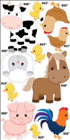 farm animals and chickens are shown in this image, with the numbers on each side