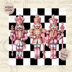 three nutcrackers in pink and gold are standing on checkered black and white background