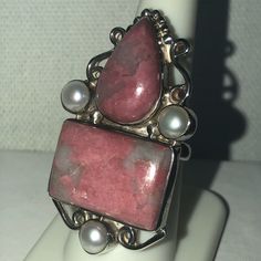 Artisan Crafted Rhodochrosite & White Freshwater Pearl Gemstones (31.50 Cts) In Ster Silver Ring *Adjustable 7-9 Pink Multi-stone Gemstones For Gift, Pink Sterling Silver Rings With Stones, Handmade Pink Opal Round Jewelry, Handmade Round Pink Opal Jewelry, Silver Pink Opal Ring Gift, Silver Pink Opal Ring For Gift, Adjustable Pink Opal Gemstone Jewelry, White Pink Opal Gemstone Jewelry, Pink Sterling Silver Jewelry With Stone Setting