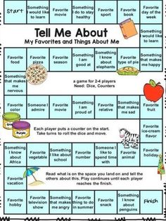 tell me about my favorites and things about me game with pictures on the board