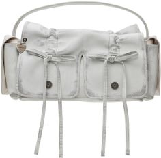 Brushed grained calfskin top handle bag in off-white. · Smudging throughout · Adjustable and detachable logo-embossed shoulder strap · Logo charm and bow accents at face · Flap pocket at sides · Ruching at magnetic flap · Patch pocket at interior · Grained faux-leather lining · Logo-engraved antiqued silver-tone hardware · H6 x W10.5 x D4 Supplier color: White/Grey Multipocket Bag, Acne Studios Bag, Handle Bag, Green Bag, Womens Tote, Free Bag, Flap Pocket, Womens Tote Bags, Luggage Bags