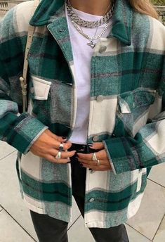 2023 Vintage Pockets Oversized Plaid Shacket Green M in Jackets Online Store | AnotherChill.com Borg Jacket, Trendy Jackets, Fall Jackets, 가을 패션, Edgy Outfits, Outfits Casual, Check Shirt, Jacket Buttons, Looks Vintage