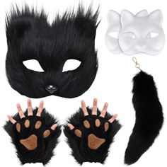 a cat mask, gloves and hand cuffs are shown