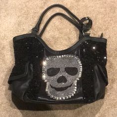 Picture Shown Of Stain On Back. Smoke Free Home Skull Purse, Black Rhinestone, On Back, Picture Show, Black Silver, Sequin, Stain, Bag Lady, Purse