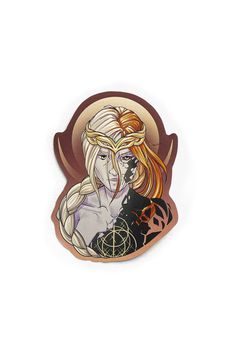 a sticker with an image of a woman holding a bird on it's shoulder