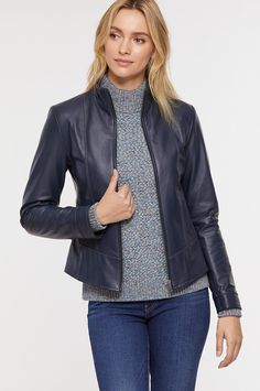 Smooth in both looks and feel, the Melissa leather jacket is your new wear-everywhere favorite. This cropped Italian lambskin leather jacket with a sporty standup collar can be styled edgy, sophisticated, or anywhere in between, thanks to its classic silhouette and soft, supple hand. Featuring a full front-zip closure, satin lining, and two outer zip pockets. Fitted Leather Outerwear With Stand Collar, Wool Coats, Lambskin Leather Jacket, Lambskin Leather, Edgy Fashion, Wool Coat, Zip Pockets, New Arrivals, Leather Jacket