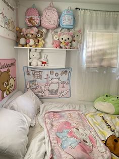 there are many stuffed animals on the shelves above the bed in this small child's room