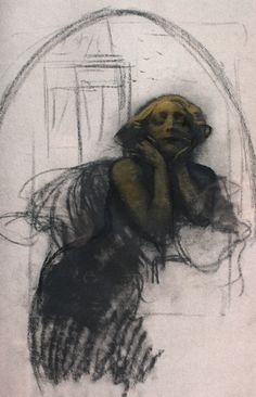 a drawing of a woman sitting in front of a mirror