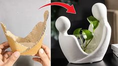 two photos side by side one has a plant in a vase and the other has an origami man