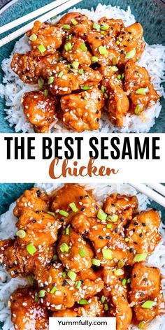 the best sesame chicken recipe on top of rice with chopsticks