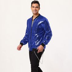 Regular Fit, Zip Up, Sequin Design, Ribbed Cuffs, Stand Collar, Long Sleeve, Front Hand Pockets, Sparkly Bomber Jacket . This Varsity Jacket Is Full Of Shining Sequins Which Will Make You Stand Out At Any Occasion. Sequins Are The Glittery Shiny Fabric Which Gives The Most Eye-Catching And Luxurious Looks. Match With Your Casual Pants Which Makes You Handsome And Cool. When It Comes To Parties And Evening Celebrations, Sequins Have Their Very Special Place. Available For Roller Disco Ready, Dating, School, Parties, Performance. Model Body Size: Height: 6'1", Chest: 38 2/8 Inches, Waist: 30 6/8 Inches, Hip: 42 1/8 Inches, Weight: 175 Lbs, Model Is Wearing A Size Large. Contact Us If You Have Long Sleeve Christmas Party Outerwear, Long Sleeve Party Outerwear For Christmas, Long Sleeve Outerwear For Costume Parties, Fitted Outerwear For Christmas Costume Party, Black Party Outerwear For Halloween, Black Halloween Party Outerwear, Disco Style Outerwear For Fall Night Out, Disco Style Winter Party Outerwear, Blue Outerwear For Costume Party In Fall