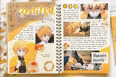 an open book with pictures of anime characters and text on the page, along with other items