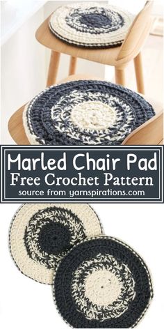 two crocheted chairs with black and white circles on them