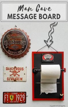 a man cave message board with toilet paper hanging on the wall