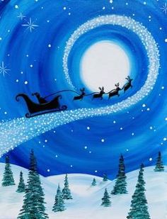 a painting of santa's sleigh flying through the night sky