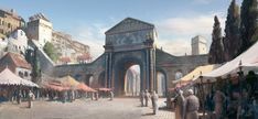 a painting of people walking around an outdoor market area with tents and buildings in the background