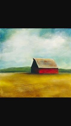 a painting of a red barn in a field