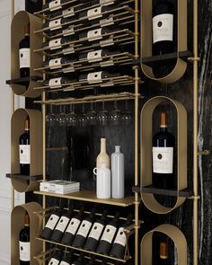 a wine rack filled with bottles and glasses