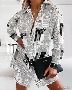 Lasaky - Newspaper Print Long Sleeve Button Down Shirt Dress Long Sleeve Dresses With Graphic Print For Day Out, Casual Printed Button-up Shirt Dress, Printed Button-up Shirt Dress, Newspaper Print, Newspaper Printing, Button Down Shirt Dress, White Shirt Dress, Olivia Mark, Newspaper