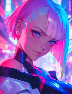 a woman with pink hair and blue eyes standing in front of neon lights, looking at the camera