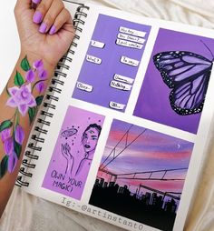 a woman's hand holding up a notebook with pictures and words on the pages