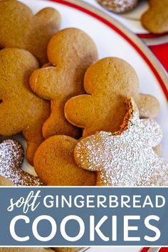 soft gingerbread cookies on a plate with powdered sugar in the shape of hearts