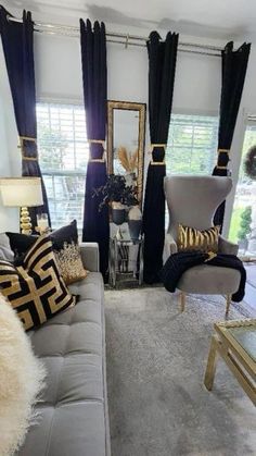 the living room is decorated in black and gold