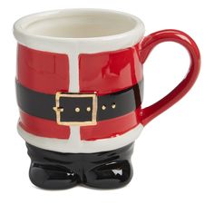 a red and black coffee mug with a gold buckle on it's belt is sitting in front of a white background