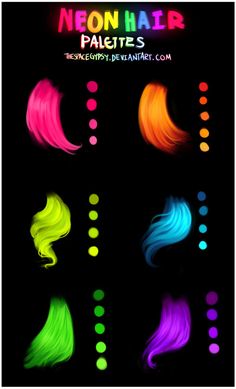 neon hair is shown with different colors and shapes on the black background, as well as dots