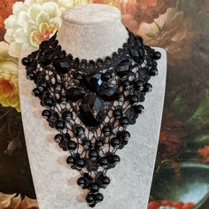 One Of The Kind Black Color Lace Necklace, Hand Made , 12 Inch Long Around Neck + 11.5 Inch Long Black Ribbon On Each Side . 7 Inch Long . All Black Round Beats Are Attached To Lace , Bigger Stones Are Glued . New , No Tag . Handmade Black Necklace For Evening, Black Choker Necklace For Evening, Black Choker Necklaces For Party, Black Beaded Choker For Evening, Evening Black Bead Choker Necklace, Evening Black Beads Choker Necklace, Evening Black Beaded Choker Necklace, Black Gothic Necklace For Evening, Gothic Black Necklace For Evening