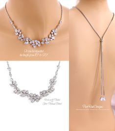 "This gorgeous jewelry will look elegant and beautiful quality on any classic or vintage inspired bride! Wonderful gift for both a loved one and yourself. All zirconia shines a lot! Finish: Silver platinum plated or Rose gold plated components Material: AAA Zirconia. Length of Necklace: Can be adjusted the length from 16\" to 30\" Quantity: 1 Weight: 22g Items Condition: 100% Brand New You can search my store for other pieces in this collection here(See pic.4-10): https://www.etsy.com/shop/PureR Delicate Necklace With Matching Earrings For Formal Occasions, Rose Gold Necklaces With Jewels For Wedding, Elegant Cubic Zirconia Backdrop Necklace For Wedding, Elegant Wedding Backdrop Necklace In Cubic Zirconia, Elegant Dangle Jewelry Sets For Wedding, Elegant Bridal Necklace With Matching Earrings For Wedding, Elegant Jeweled Necklace For Wedding, Delicate Wedding Jewelry With Jewels, Delicate Jeweled Jewelry For Wedding