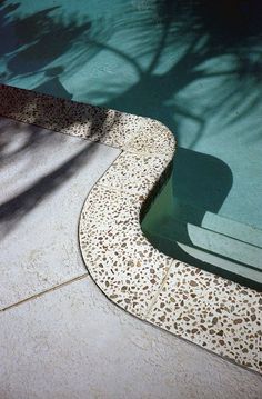 the shadow of a tree is cast on the concrete near an empty swimming pool with blue water