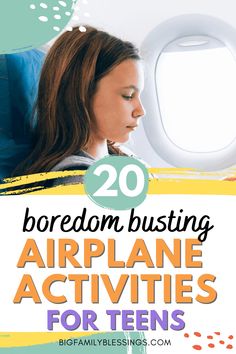 an airplane with the words 20 boredom busting airplane activities for teens on it's side