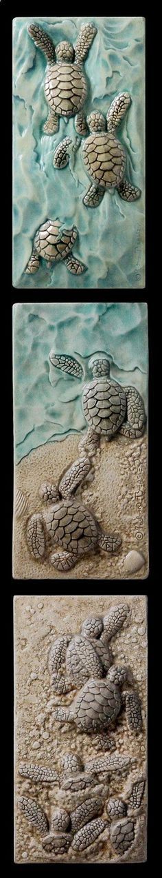 three different pictures of sand and water with turtles on the bottom, one in the middle