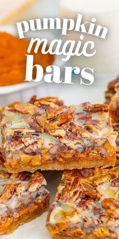 pumpkin magic bars stacked on top of each other with text overlay that reads, pumpkin magic bars