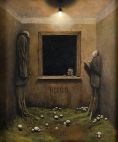 a painting of two people standing in front of a window with the word blind written on it