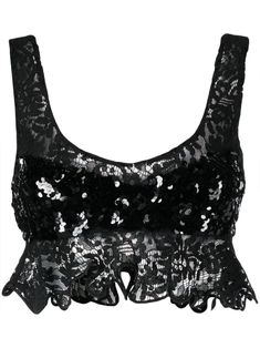 black floral-lace detailing sequin embellishment scoop neck sleeveless ruffle hem cropped Sleeveless Crop Top With Lace Trim For Party, Sleeveless Lace Crop Top For Night Out, Cropped Lace Top For Party, Fitted Sleeveless Crop Top With Contrast Sequin, Lace Tank Top With Lace Trim For Evening, Cropped Lace Trim Top For Party, Party Lace Top With Ruffles, Party Crop Top With Lace Trim, Elegant Lace Trim Crop Top For Party