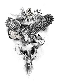 an owl sitting on top of a deer's head next to other animals and plants