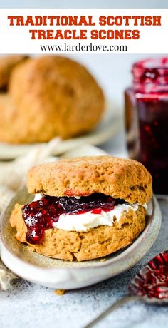 a close up of a sandwich on a plate with cranberry sauce in the background