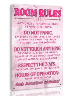 a pink sign that says room rules