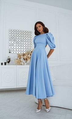 Fabric: Crepe Viscose 50%, Polyester 40%, Elastane 10% Round neckline Puff sleeves Short sleeves Backless dress Midi length Colors: Black, White, Red, Sky-Blue Blue Dress Outfits, Sky Blue Dress, Marine Uniform, Moda Chic, Sophisticated Dress, Linnet, Prom Dresses Blue, Blue Midi Dress, Midi Length Dress